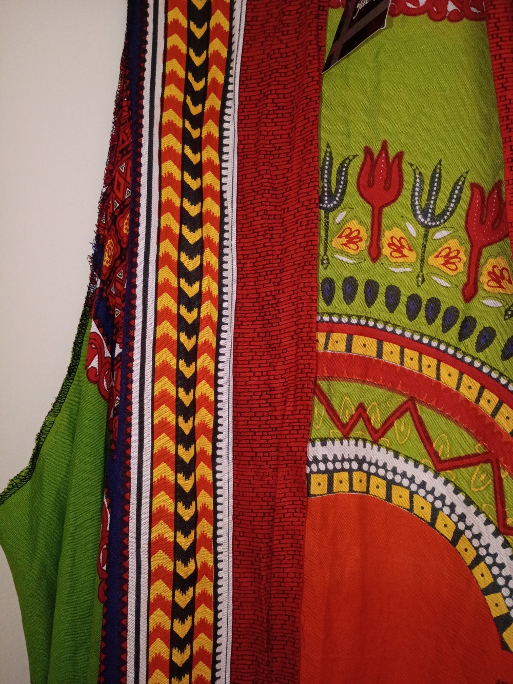 Vibrant Green and Dark Orange Ethnic Print Sleeveless Open Front Cover Up - Picture 3 of 8